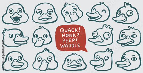 Foto Collection of cute cartoon duck faces with various expressions and sounds