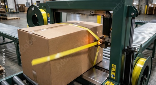 Heavy industrial cardboard box passing through an automated archway strapping machine