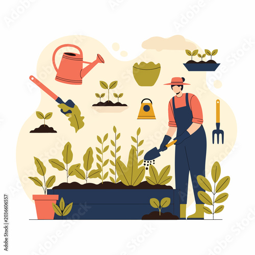 Foto Man watering plants in garden bed.