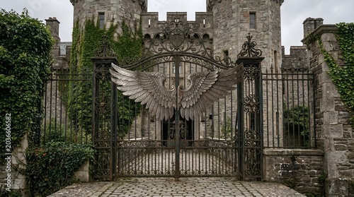 A stunning wrought iron gate features intricate wing designs, creating a dramatic entrance to a historical castle.
