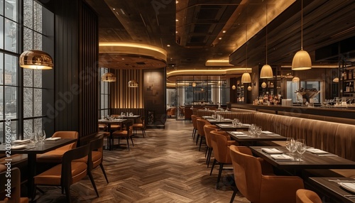 Upscale restaurant interior design, modern luxury decor, warm ambient lighting, sophisticated seating arrangement, realistic hospitality photography