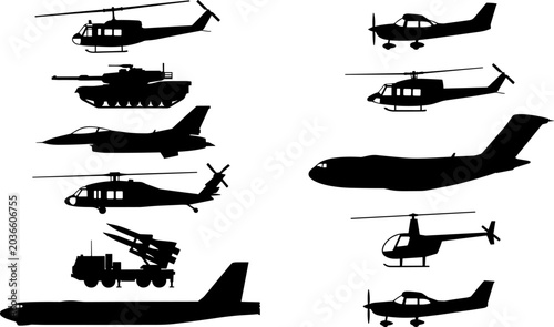 Photography Military vehicle and aircraft silhouette collection featuring helicopters, fight