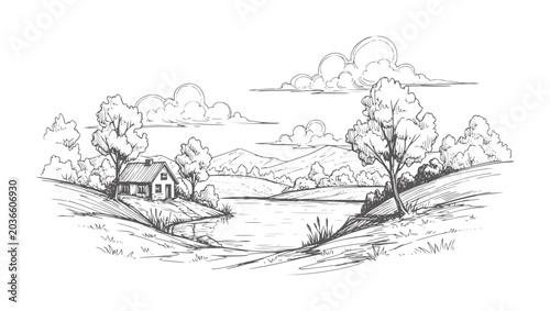 Canvas Print Of a rural landscape with a house by a lake and distant mountains home