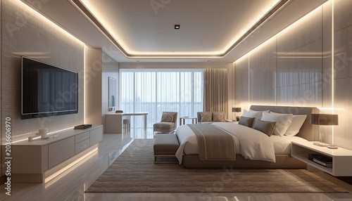 Futuristic smart hotel room with automated lighting, modern minimalist furniture, hidden technology integration, digital luxury lifestyle, elegant interior architecture, realistic materials, premium 
