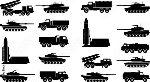 Bild auf Leinwand Military vehicles silhouette illustration collection featuring tanks, missile la