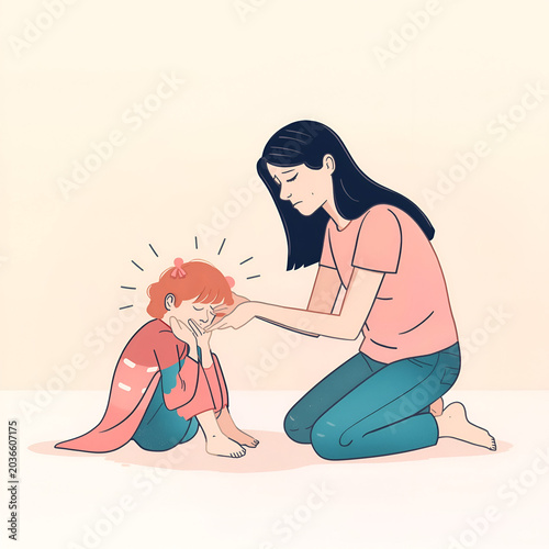 Emotional Support and Parenting Concept Vector Style Art/ Family Moment with Sad Child Artistic Sketch