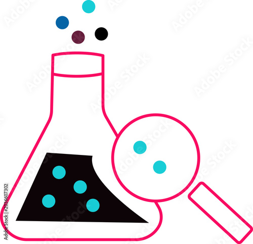 Colorful laboratory flask and magnifying glass on white background for science concepts vector illustration eps