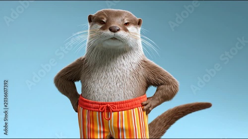 Cartoon otter character with striped orange shorts stands confidently with hands on hips against a solid blue background, showcasing a playful and whimsical demeanor