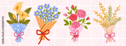 Foto Vector illustration set of spring flower bouquets with yellow calla lilies, blue forget me nots, pink roses and mimosa in craft wrapping paper