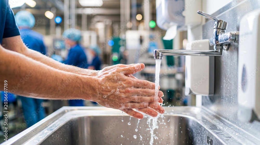 Naklejka premium Factory worker washing hand with soap in industrial sink. Sanitation procedure in production facility. Maintaining hygiene standards for food safety and health compliance in manufacturing