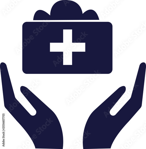 Hands holding a first aid kit with a white cross on isolated white background vector illustration eps