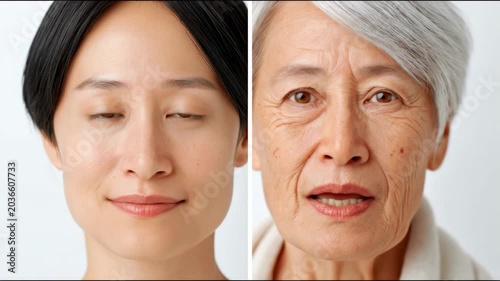 Asian woman and elderly woman side by side showing gradual aging process with visible facial features and expressions in a neutral background setting
