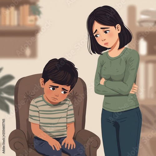 Sad kid Embracing Child in Emotional Support Illustration/ a little sad boy with mom, Parent and Child Emotional Bond Line Art Design
