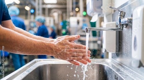 Factory worker washing hand with soap in industrial sink. Sanitation procedure in production facility. Maintaining hygiene standards for food safety and health compliance in manufacturing