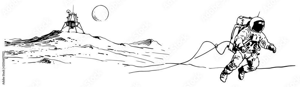 Fototapeta premium Astronaut walking on the moon surface near a lunar lander in a hand drawn sketch style