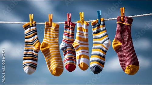 Colorful striped socks hanging on a clothesline against a blue sky, showcasing a vibrant array of patterns and textures in a sunny outdoor setting