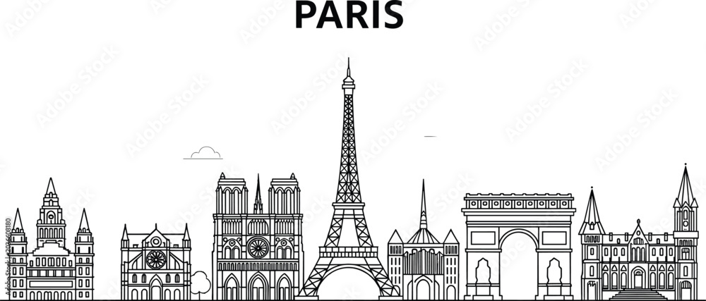 Fototapeta premium Paris City Skyline With Eiffel Tower Notre Dame Arc De Triomphe And Famous Landmarks Outline Black And White Vector Illustration