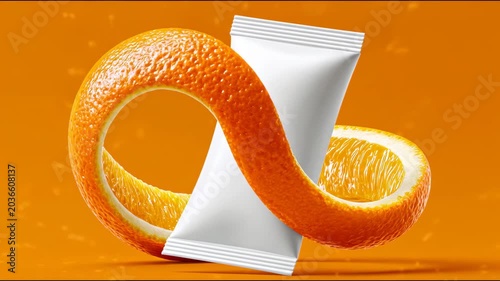 Orange fruit slice and white packaging mock up intertwined in a creative design against a vibrant orange background showcasing a continuous visual flow