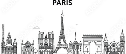 Paris City Skyline With Eiffel Tower Notre Dame Arc De Triomphe And Famous Landmarks Outline Black And White Vector Illustration