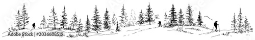 Fotografija People trekking through snowy pine forest winter landscape panorama in black and