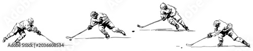 Photography Ice hockey players skating and playing during a match in hand drawn sketch style