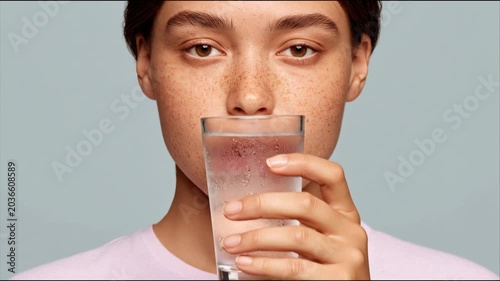 Young woman with light brown skin and freckles holds a glass of water close to her face, showcasing hydration and health in a minimalistic setting with soft lighting