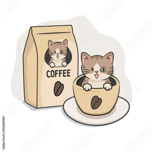 Cute cat coffee mascot vector illustration featuring an adorable winking kitten inside a coffee cup beside a coffee package