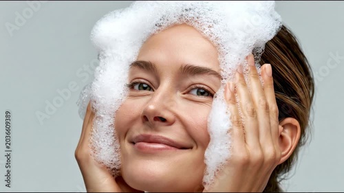 Caucasian woman applying facial foam cleanser to her face with both hands, showcasing a close-up view of the cleansing process in a bright, neutral-toned setting