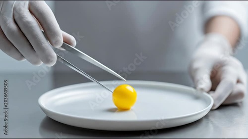 Chef in white gloves uses tweezers to delicately place a bright yellow egg yolk onto a pristine white plate in a modern kitchen setting