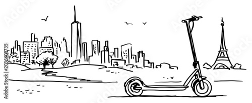 Photos Electric scooter in front of a city skyline with international landmarks in hand
