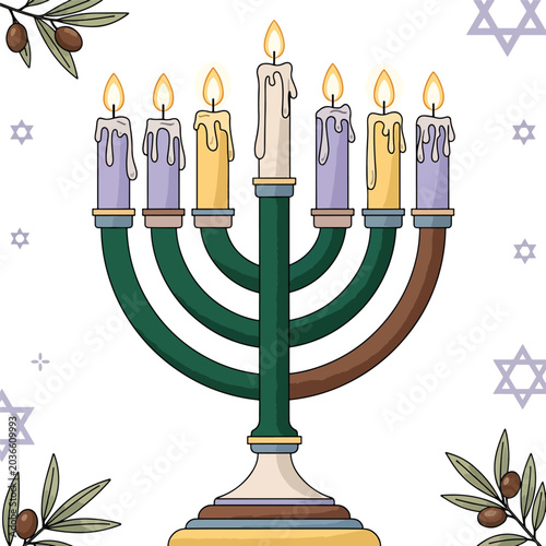 Foto Menorah with lit colorful candles 1.