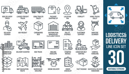 Logistics delivery line icon set featuring shipping cargo truck, warehouse freight box, courier distribution service, and order tracking map vector symbols