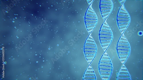 Glowing Blue 3D Deoxyribonucleic Acid Spiral Structure with Luminous Microscopic Particles