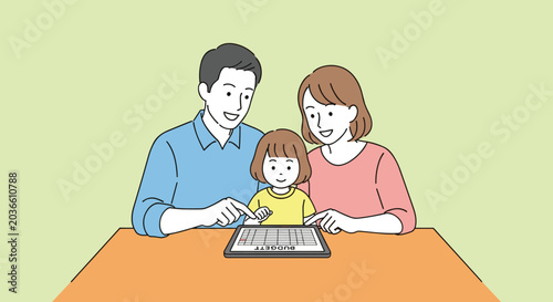 Cuadro en lienzo Mother and Child Using Laptop Cartoon Illustration