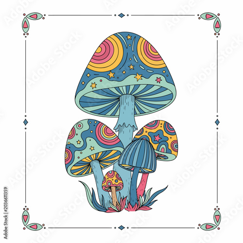 Photos Colorful Mushrooms with Psychedelic Patterns.