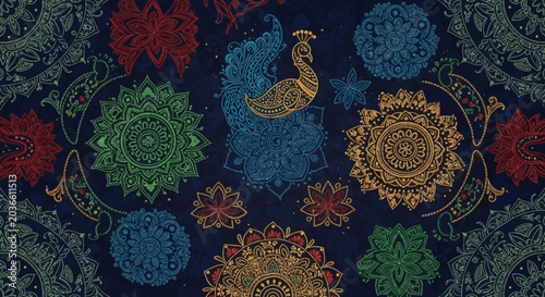 Royal Indian Luxury Decorative Texture with Peacock Mandala Motifs and Ornamental Heritage Design