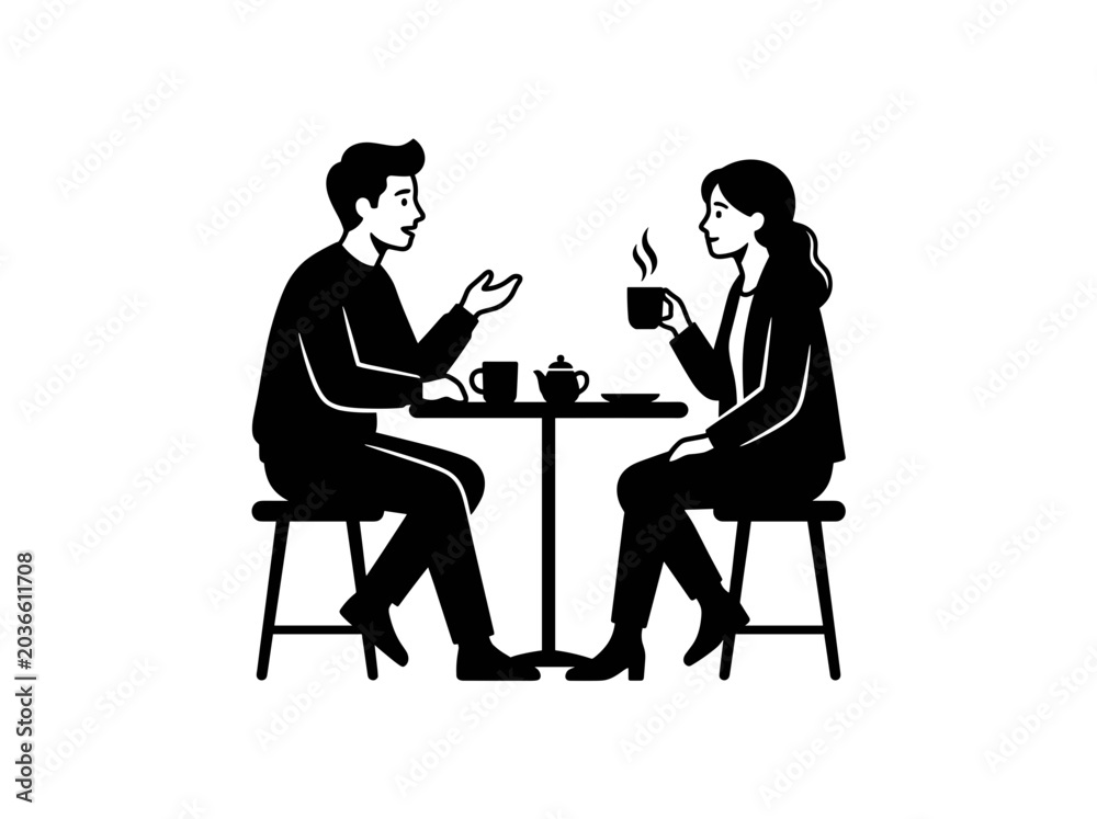 Fototapeta premium Two people sitting at a table having a conversation over coffee or tea Silhouette