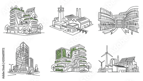 Eco friendly city buildings with green roofs.