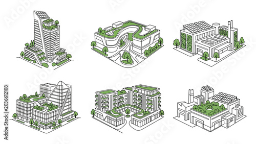 Collection of modern green roof buildings.