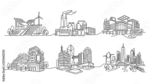 City skylines with various buildings and wind turbines.