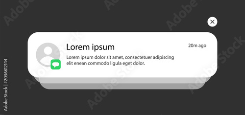 iOS smartphone Push Notification, Message Alert Popup with User Avatar. Vector Illustration