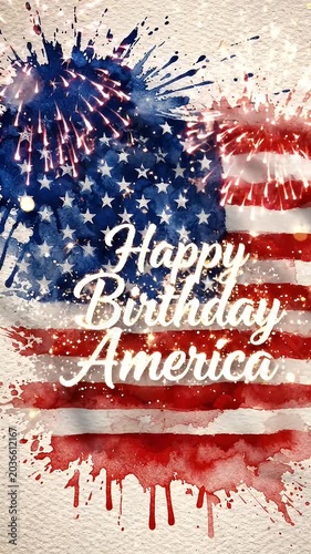Watercolor American Flag Fireworks Animation - A vibrant watercolor animation captures the spirit of Independence Day with a stylized American flag and bursting fireworks.