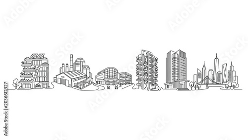 City skyline with various buildings.