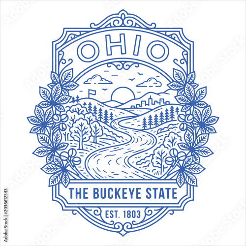 Ohio Buckeye State Scenic River Landscape Badge Illustration