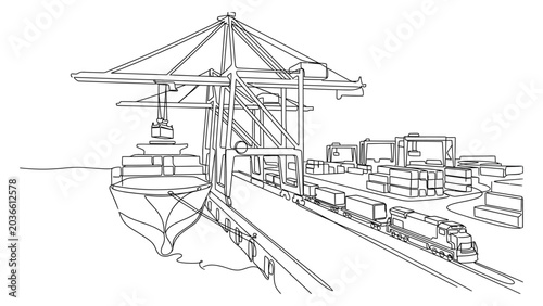 A cargo ship and train transporting containers.