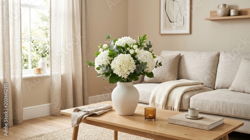 Bright living room with white hydrangeas and cozy sofa, natural light.