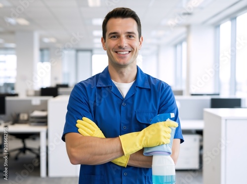 Smiling male cleaner with spray bottle and cloth in office. Professional janitorial service worker in blue uniform and yellow gloves