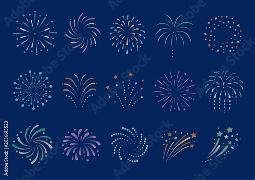 ネオンカラーの花火イラストセット｜夜空に映えるポップな夏祭り素材