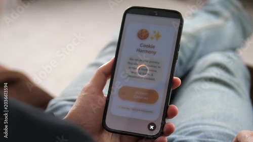 Mobile user navigating digital privacy. Person clicks Accept Cookies on a modern smartphone app. Features a clear Cookies Accepted confirmation. Ideal for GDPR compliance, web security, and tech