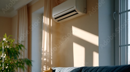 Wall-mounted air conditioner in warm-toned room.